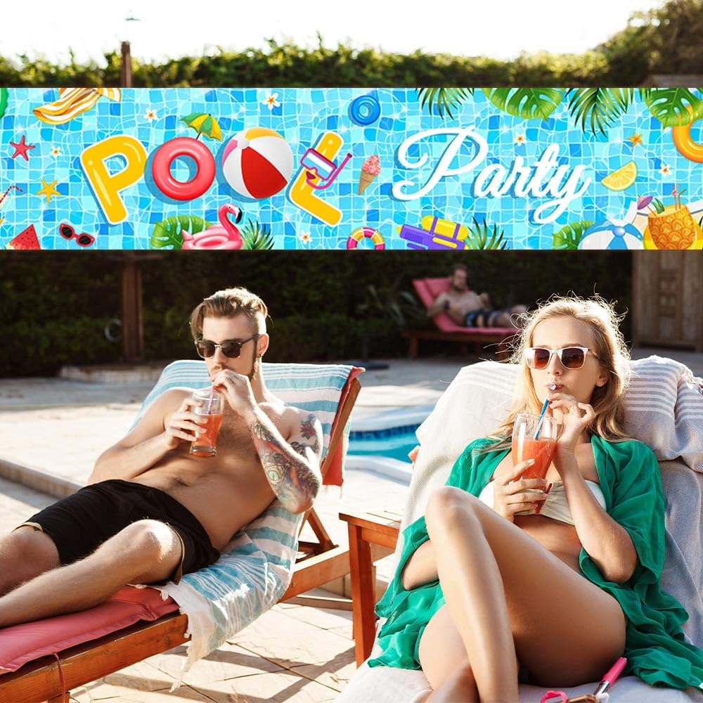 AIBIIN Pool Party Banner Summer Swimming Pool Yard Sign Decorations Splish Splash Summer Pool Decorations Hanging Outdoor Gate Decor Fence Banner Indoor Wall Decor 98x20inch